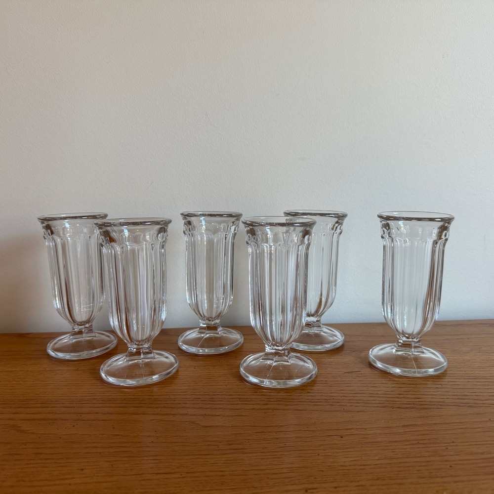 Set of 6 Vintage Clear Glass Fluted Dessert Ice Cream Soda Fountain Glasses